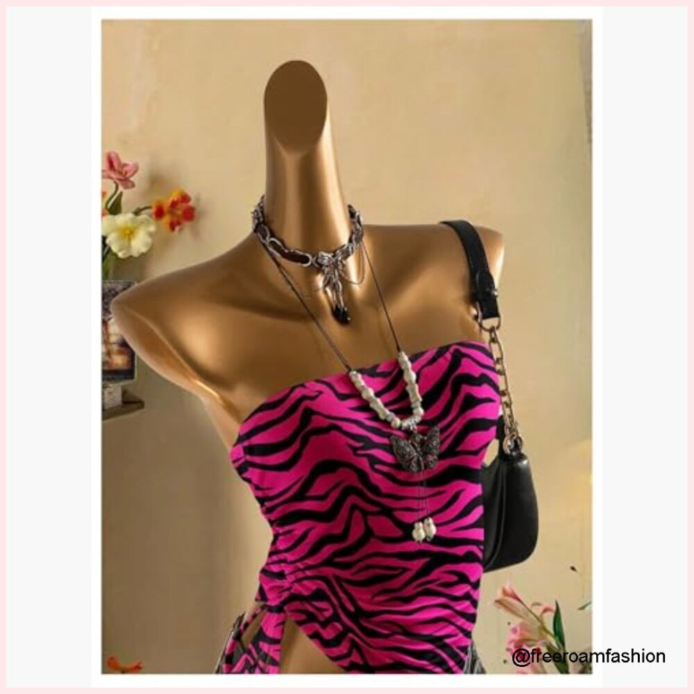 Strapless Tube Top Y2K Grunge Zebra Print Stretchy Fabric Going Out Top - Picture 4 of 5